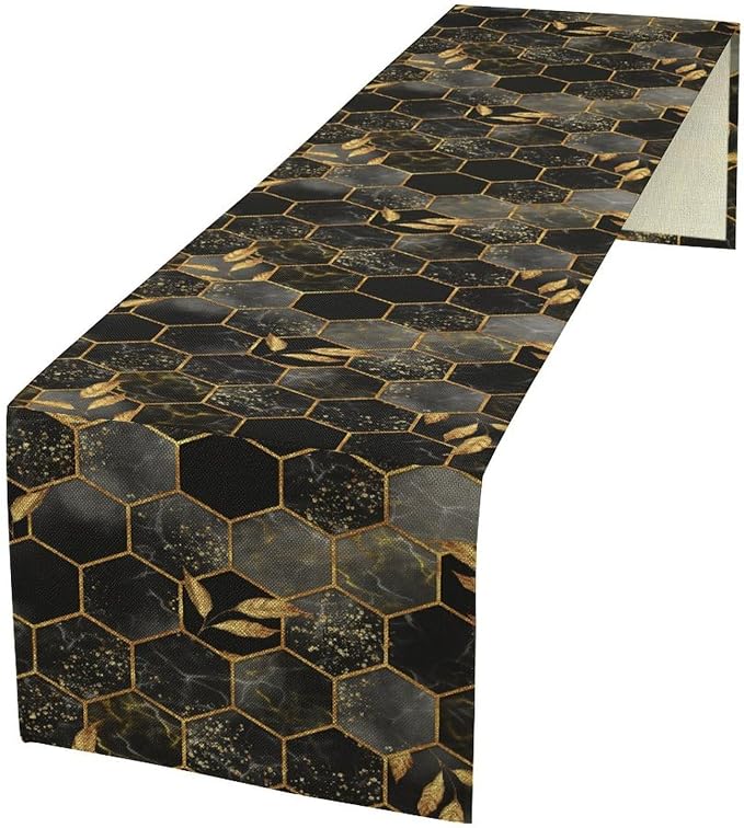 Marble Table Runner,Black Golden Marble Texture Abstract Art Pattern Table Runner for Coffee Table Dining Room Table Bedroom Party Holiday Decor 13x108inch