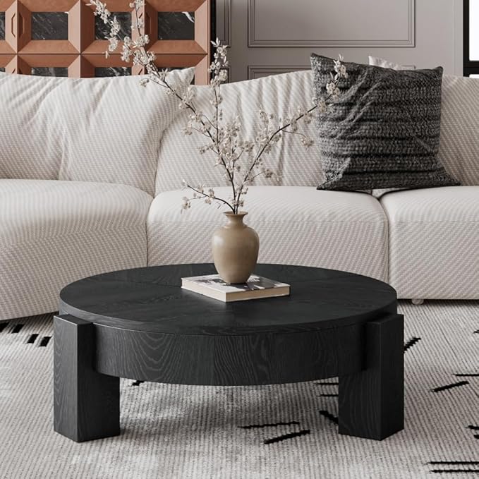 33'' Round Coffee Table with Hidden Storage, Modern Wood Veneer Top, 3 Block Legs Sturdy Center Accent Table for Living Room, Small Space, Black
