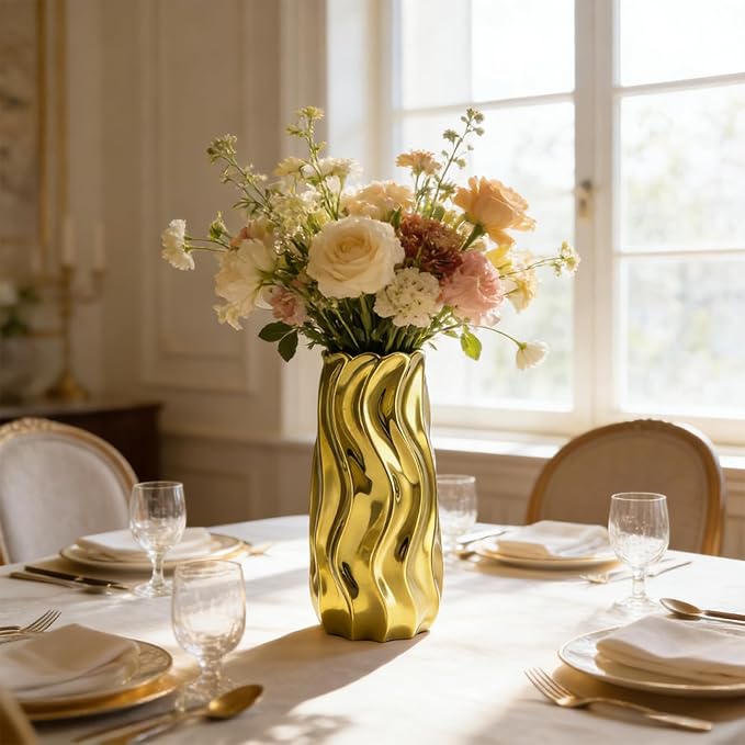 11.5" Gold Ceramic Vase - Minimalist Gold Flower Vase, Large Pampas Grass Vase, Boho Decorative Centerpiece Vase for Home Decor, Wedding, Housewarming, Table, Shelf, Mantel, and Entryway