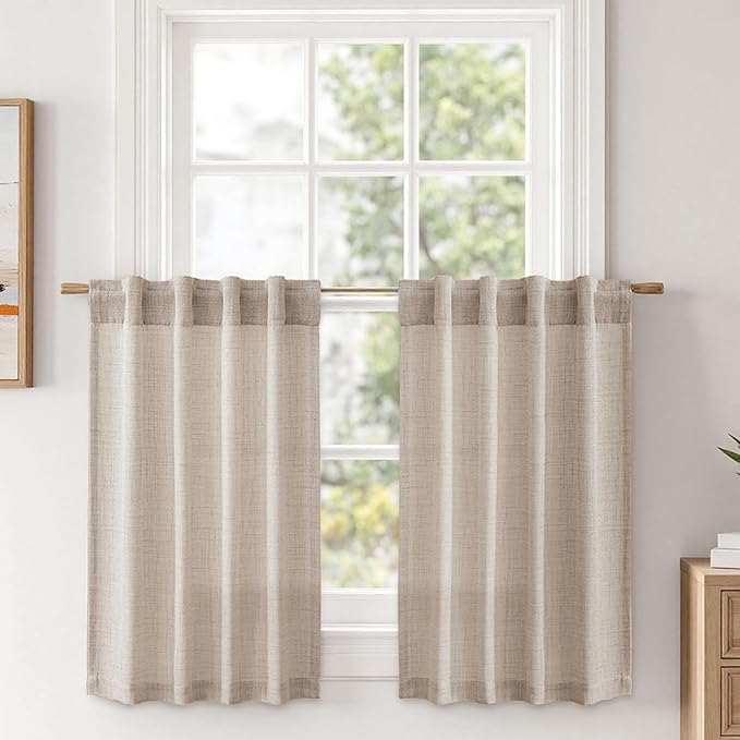 MIULEE Cafe Curtains Back Tab 24 Inch Length Light Filtering Small Drapes, Farmhouse Short Semi Sheer Linen Curtain for Kitchen Bathroom Half Window, Rod Pocket 2 Panels W30XL24
