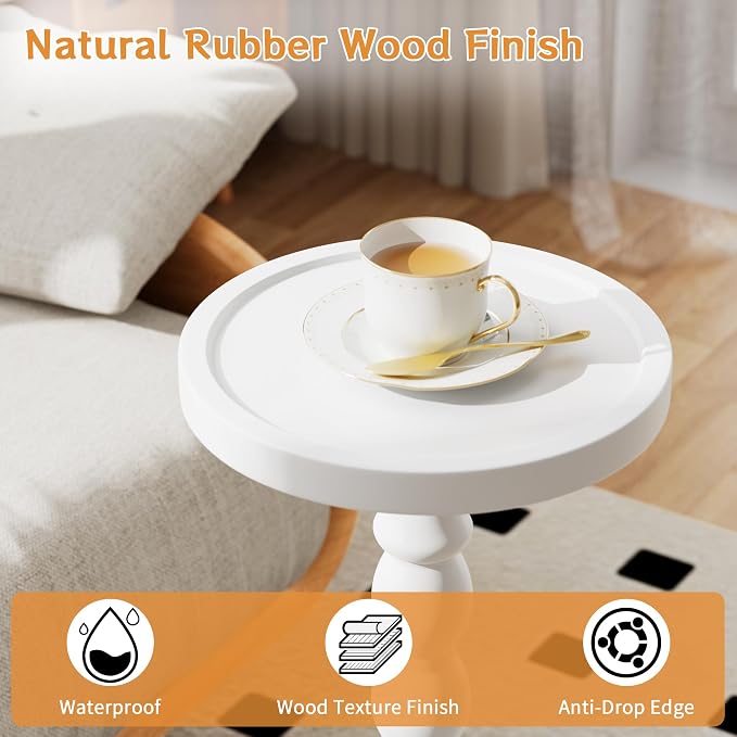 Solid Wood Drink Table, Rubber Wood‌ Small Round Side Table for Small Spaces, Martini Tables, Pedestal End Tables for Living Room, Bedroom, Corners, and Office (White, 9.4 inch)