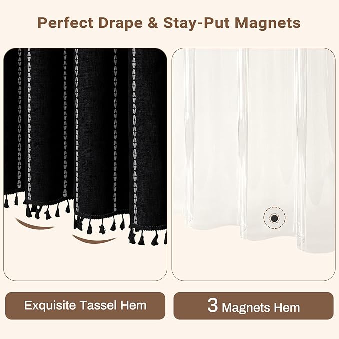 BTTN 3 in 1 Shower Curtain with Liner, Black and White Boho Linen Striped Cloth Shower Curtain Set with Plastic Hook, Farmhouse Bohemian Country Waterproof Fabric Shower Curtain for Bathroom, 72x72