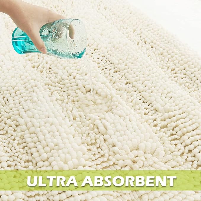 KGORGE Bath Mat for Bathroom - White Super Soft Shower Rug Non-Slip Washable Absorbent Quick Drying Chenile Bathtub Floor Carpet, Cream, 70" x 24", 1 Piece
