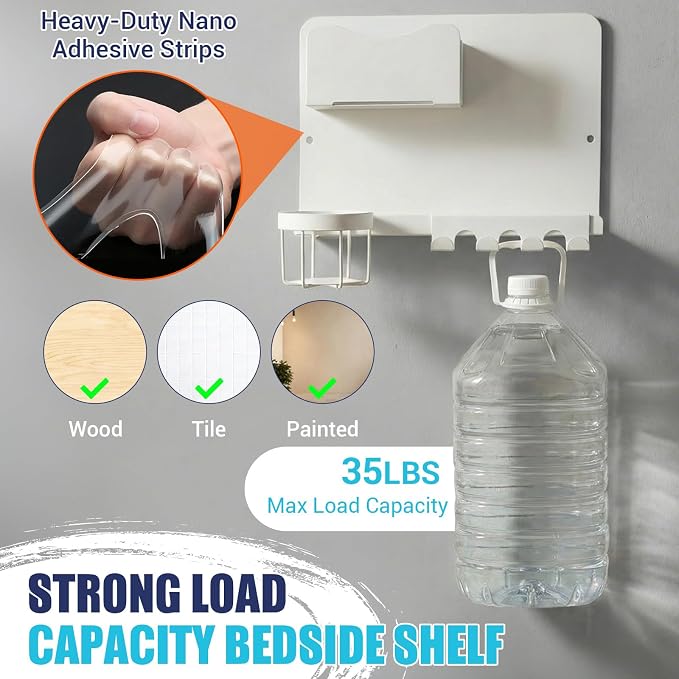 Metal Bedside Wall Shelf, Bedside Floating Shelf Wall Organizer with Detachable Cup Holder, No Drill Wall Mount for Bedroom, Dorm Room Decor, Nightstand Alternative, Bunk Bed Accessories, RV Storage