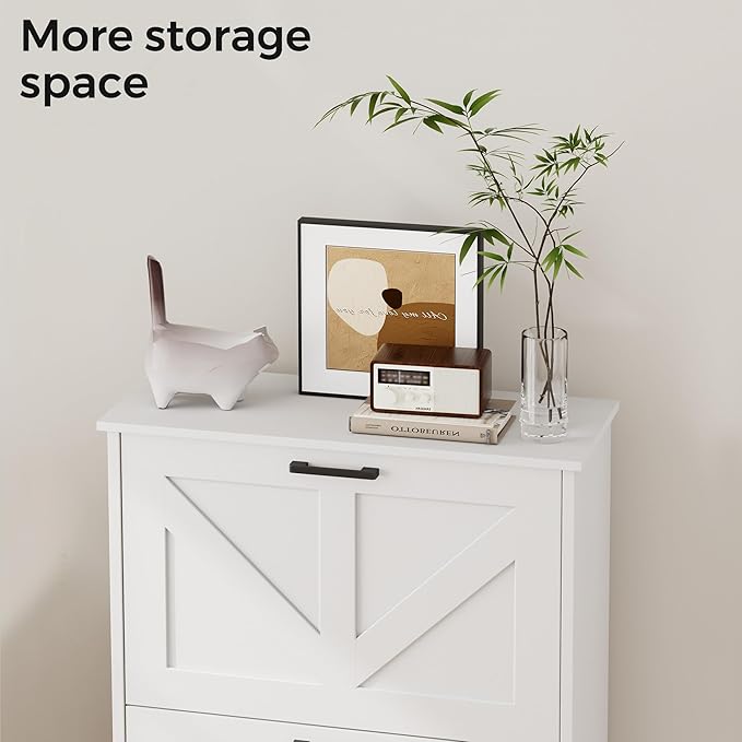 Homleke Farmhouse Shoe Cabinet for Entryway with Barn-Style Flip Drawers, Narrow Shoe Storage Organizer with Top Display Shelf, Adjustable Shelves, Shoe Rack for Hallway, Closet- (White, 24")