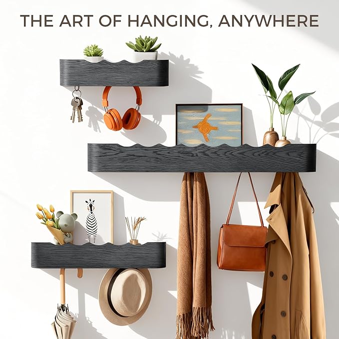 Coat Rack Wall Mount with Shelf Entryway Shelf Modern Key Holder Hanger Wall Shelves with Hidden Hooks for Hanging Towels Coats Hats Bags for Hallway Bathroom Bedroom (Wavy Black, 4 Hooks)