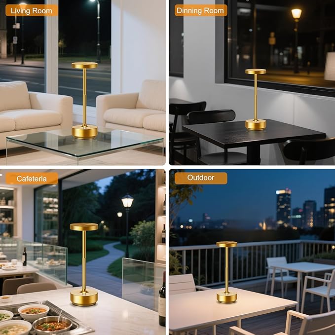 2-Pack Cordless Table Lamp Rechargeable, 5000mAh Battery Operated LED, Touch 3-Color Stepless Dimming, IP54 Waterproof Wireless Lamp for Bedroom Dining Restaurant Patio Outdoor – Gold