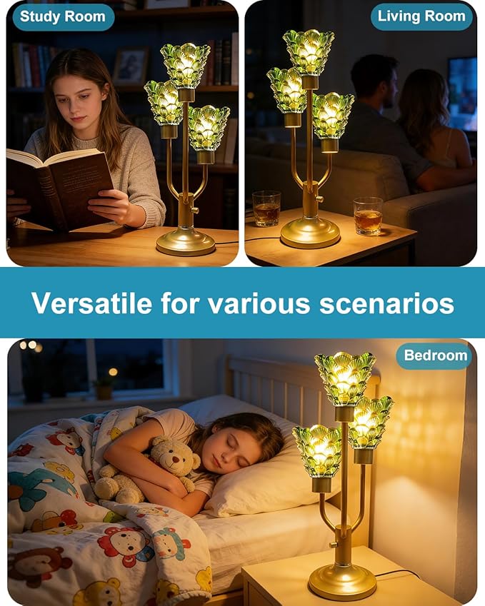 Lightdot Modern Glass Green Table Lamp for Living Room Dimmable Mid Century Gold Desk Lamp with Thickened Shell Glass 3 Bulbs Included 3000K Warmwhite Nightstand Lamp for Bedroom Bedside End Table