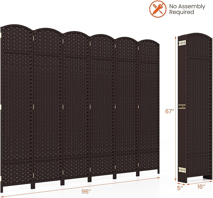 Giantex Room Divider 6 Panel, 5.6ft Folding Privacy Screen, Fully Assembly, Freestanding Wall Partition, Solid Wood Frame, Hand-Woven Texture, Room Dividers for Bedroom Office (Brown, 6 Panel)