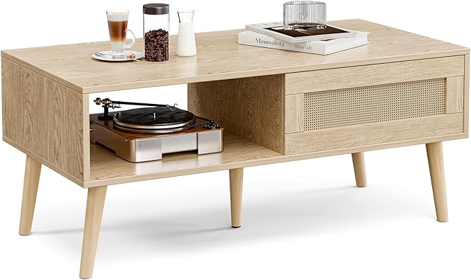 ZttRiee Wood Coffee Table with Storage, Boho Dining Table with Sliding Rattan Door Panel and Solid Wood Legs, Small Coffee Tables for Living Room, Oak (Oak_LSJ008)