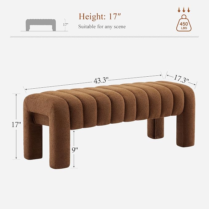 43’’ Bedroom Bench, Upholstered End of Bed Bench with Solid Wood Legs, Modern Small Dining Bench with Full Covered Fabrics for Entryway, Bedroom, Living Room (Rust Brown, Boucle)