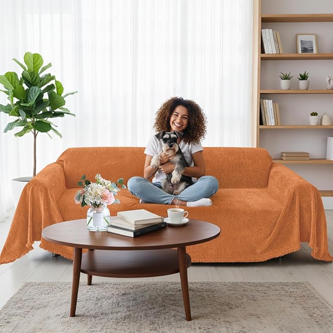 Smiry Couch Cover for Dogs, Washable Chenille Sofa Covers for 3 Cushion Couch, Soft Sofa Slipcover for Pets, Thick Sectional Furniture Protector with Tassels (Orange, 88.5x134 Inch)