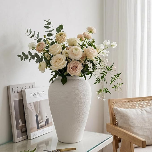 Vintage Stone Textured Ceramic Vase, Minimalist White Flower Vase, Rustic Decorative Centerpiece for Farmhouse, Living Room, Shelf, Dining Table Home Decor, Medium-Sized (White Texture 9.3'' Tall)