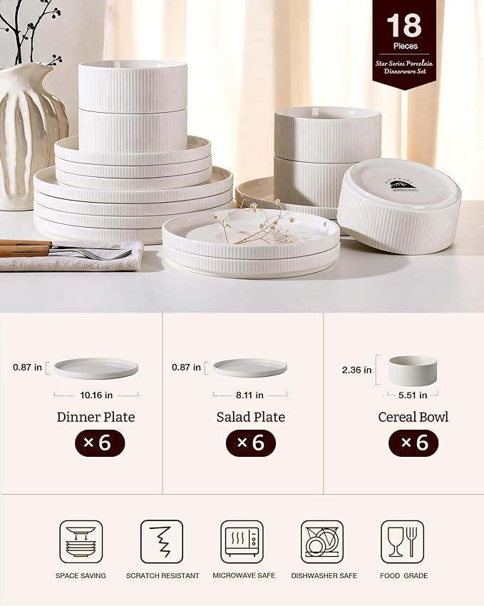Star 18-Piece Plates and Bowls Set, Porcelain Dinnerware Sets for 6 Service, Modern Dish Set-Chip and Scratch Resistant, Dishwasher & Microwave Safe, White