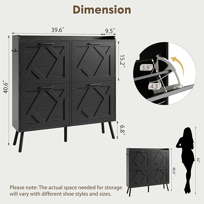 Nicetree Shoe Cabinet with 4 Flip Drawers, Hidden Shoe Rack Cabinet with Metal Legs, Farmhouse Narrow Shoe Storage Cabinet for Entryway, Foyer, Hallway, Black with Hook