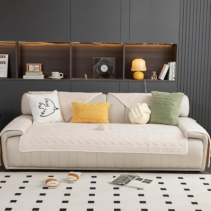 Geometric Jacquard Plush Warm Sofa Couch Cover, Soft Funny Fuzzy Couch Covers, Non Slip Sectional Sofa Slipcover, Cozy Washable Furniture Protector for Kids, Pets (Beige White, 36"x 71")