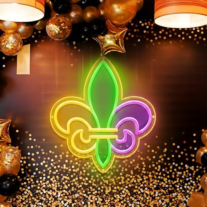 Mardi Gras Neon Sign with Fleur De Lis Design, New Orleans Carnival USB Power LED Hanging Light for Wall Window Bar Party Decor