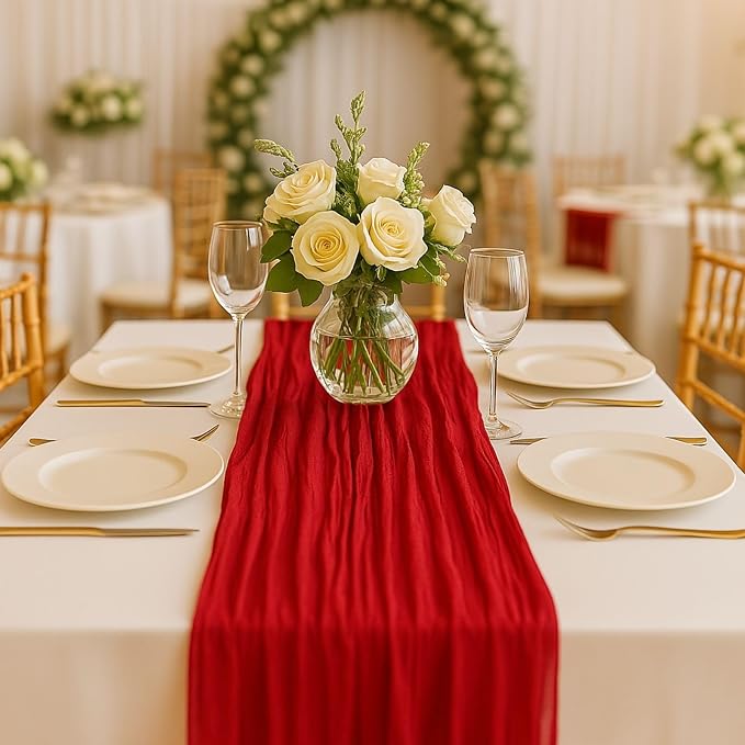 3 Pack 10FT Red Cheesecloth Table Runner 120 Inch Rustic Boho Gauze Cheese Cloth Table Runner for Wedding Baby Shower Bridal Shower Birthday Party Home Decorations
