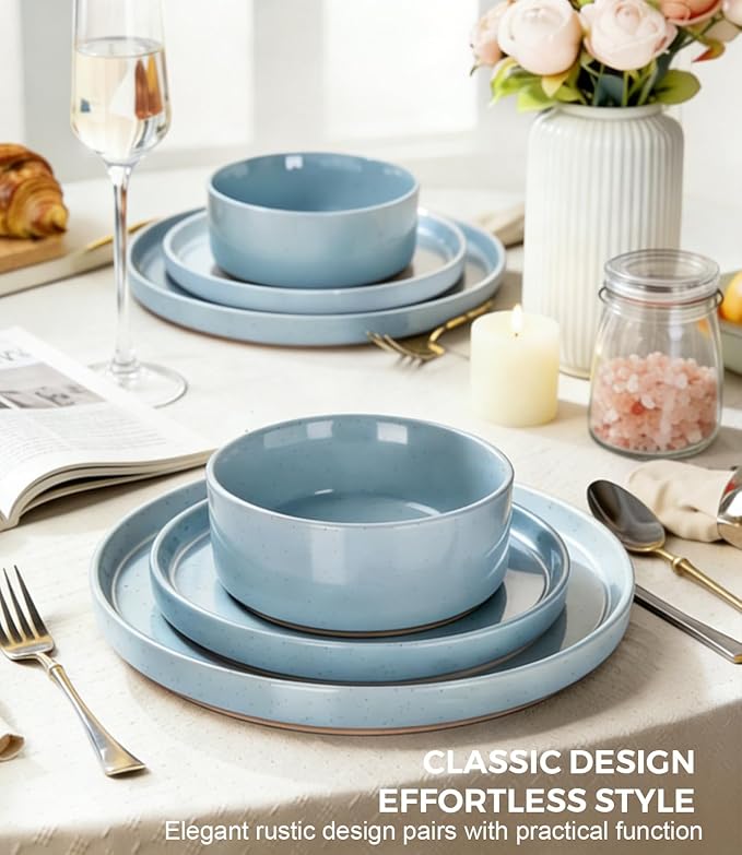 AmorArc Ceramic Dinnerware Set for 4 | Speckled Stoneware Plates and Bowls with unglazed terracotta | Scratch Resistant, Dishwasher & Microwave Safe Dishes Sets- 12-Pcs Blue