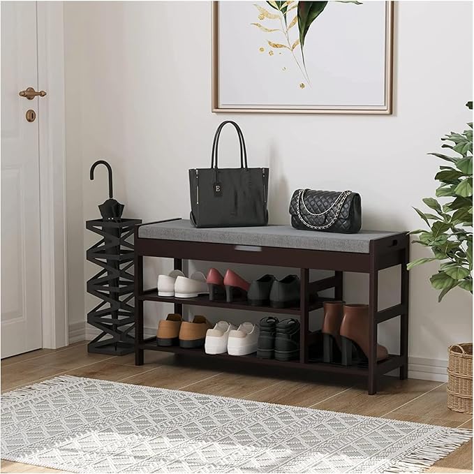 HIFIT 2-Tier Entryway Shoe Rack Bench with Storage, 36 in Bamboo Storage Bench with Padded Seat, Shoe Oiganizer Shelf for Entryway Mudroom Bathroom Foyer, Vintage