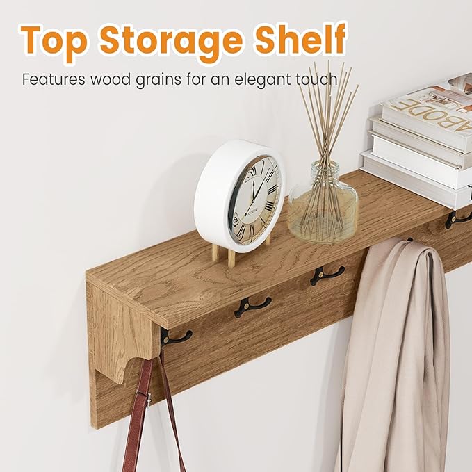 Giantex Coat Rack Wall Mount, 31.5" Wooden Coat Hooks with Shelf, Wall Clothes Rack w/ 6 Dual Hooks for Hats Towels Purses Robes, Floating Display Shelf for Living Room Bedroom Entryway, Natural