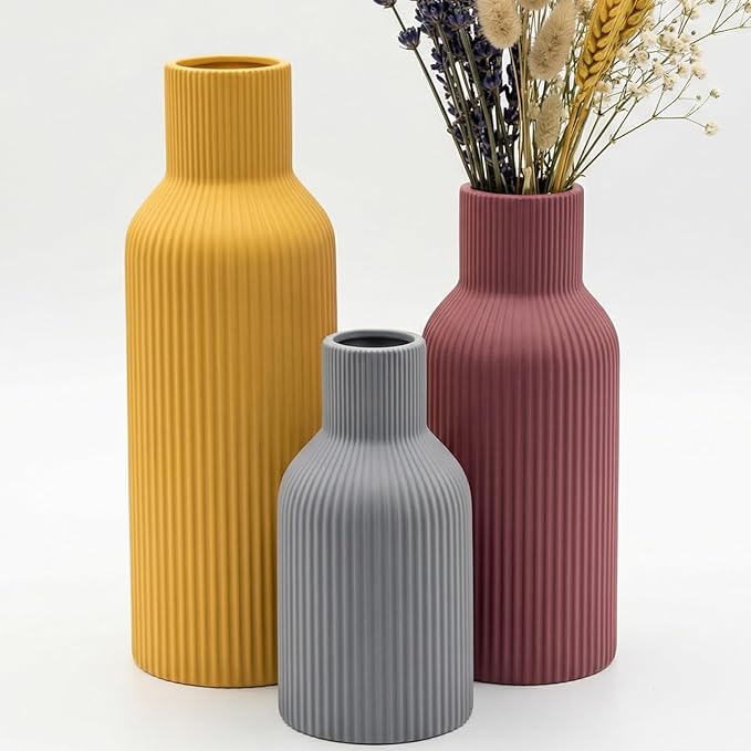 Colorful Ceramic Vases Set of 3, Matte 3D Vertical Ribbed, Minimalist for Pampas Grass &Fresh Flowers, Centerpiece for Living Room,Shelf,Wedding (Mustard Yellow, Dusty Gray, Burgundy)