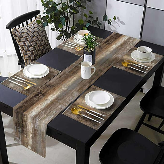 Brown and Grey Abstract Modern Table Runner 108 Inches Long with Place Mats Set of 7 Retro Art Painting Graffiti Linen Dining Mat Sets Washable Vintage Tabletop for Home Decorations