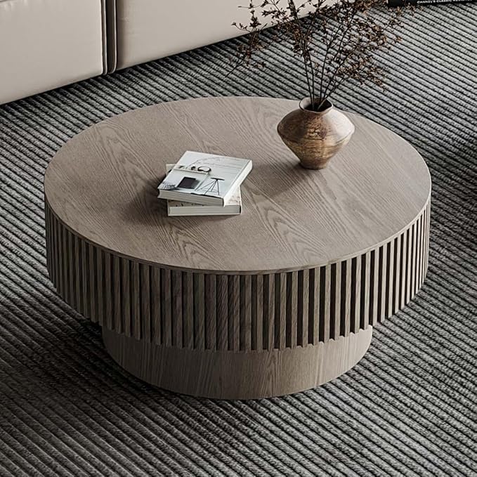 Round Coffee Table with Storage, Modern Wooden Coffee Table with Solid Wood Veneered, Circle Center Table Accent Tea Table for Living Room Apartment Small Space (31.5''L × 31.5''W × 14''H, Grey)
