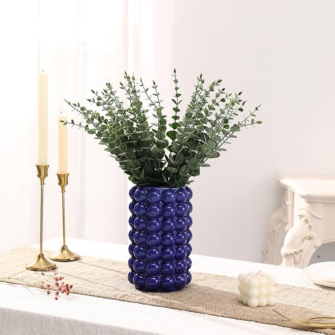 Bubble Vase, Blue Ceramic Vase, Short Ceramic Flower Vases, Modern Decorative Vases for Living Room, Wedding, Entryway, Mantel, Office, 8.5 Inches