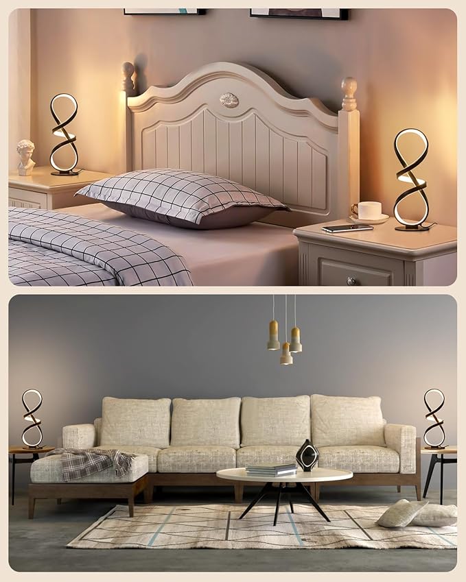 Set of 2 Table Lamps, LED Touch Dimmable Spiral Desk Lamp, 3 Color Temperature Modern Nightstand Lamp, Unique Bedside Lamp for Living Room, Bedroom, Cool Lamps for Ideal Gift, Black