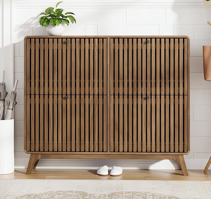 Jluomei Large Shoe Cabinet for Entryway, Bamboo Narrow Shoe Cabinet Storage with 4 Flip Drawers, Slim Fluted Shoe Rack Organizer for Entry Way, Hallway, Thin, Skinny, Wood, Walnut
