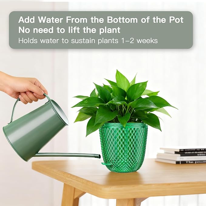 QCQHDU Hanging Planters for Indoor Plants, 2-Pack, 5.7 Inch, Emerald | Plastic, Self Watering Plant Hanger, with Drainage Holes, 3 Hooks Chains, For Garden Home