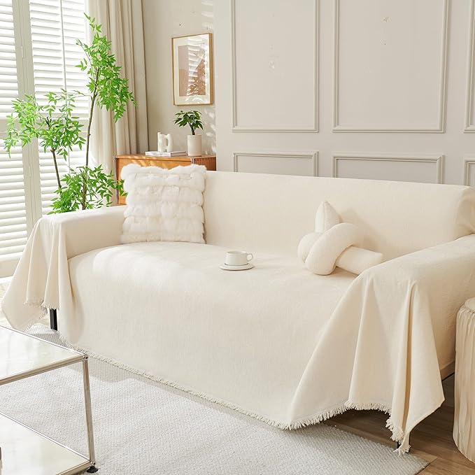 DREAMINGO Sofa Covers Washable Thick Chenille Couch Cover for 3 Cushion Couch Sofa Multi-Use Couch Cover Blanket Modern Pet Furniture Protector Sectional Couch Slipcover 91"x134", Beige White