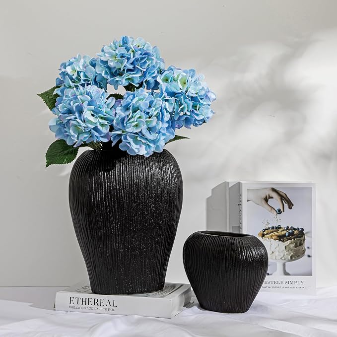 Slim Flat Ceramic Vase for Home Decor, 13" Ribbed Modern Flower Vase, Space-Saving Narrow Decorative Vase for Pampas Grass Artificial Flowers, Farmhouse Boho Table Centerpiece, Black