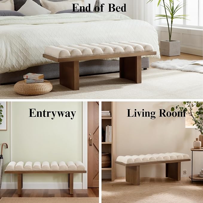 HEAH-YO Modern Bedroom Bench,47 Inches Upholstered Entryway Bench for Bedroom End of Bed with Cylindrical Cushion/Brown Wood Leg,Window Ottoman for Living Room Hallway,Linen Beige