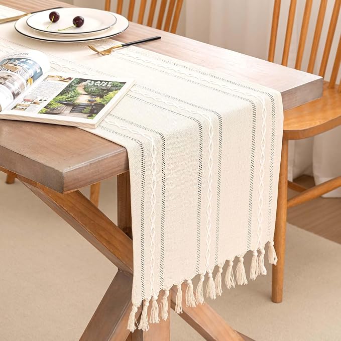 Table Runner, Rustic Farmhouse Linen Waterproof Table Runners for Holiday Party, Dresser Decor and Dining Room Decorations-Ivory-14 x108, 8-10 Seats