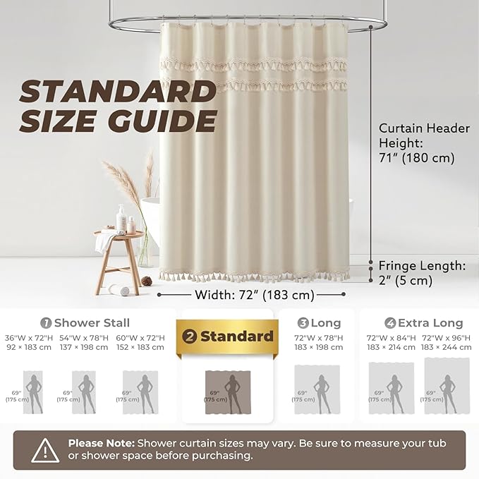 Linen Shower Curtain Boho Beige Shower Curtains for Bathroom 72 x 72 Inch Cloth Shower Curtain with Luxury Tassels Neutral Farmhouse Bath Decor Medieval Vintage Bath Curtains