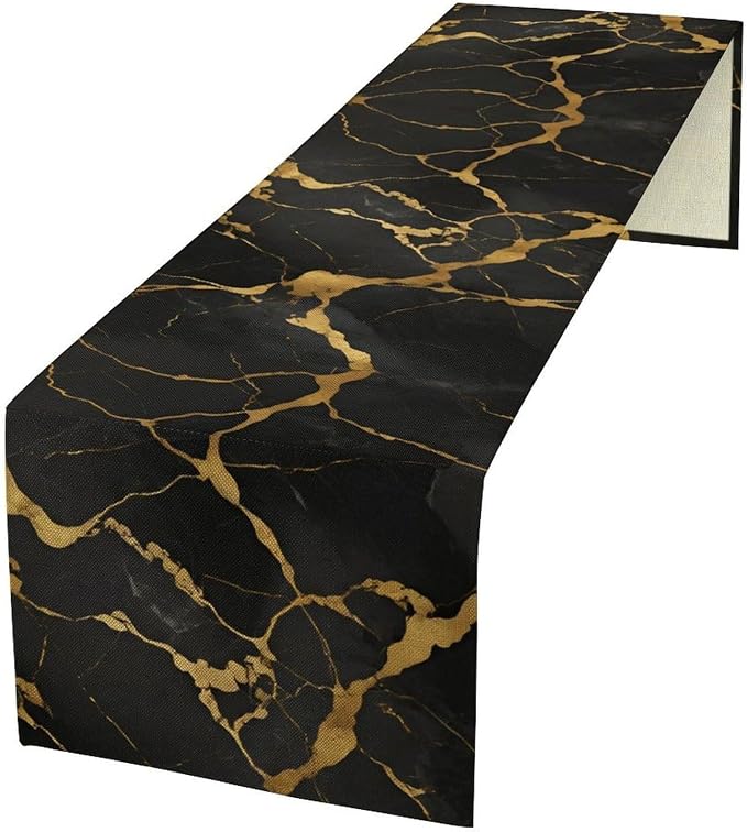 Marble Table Runner, Luxury Black Gold Abstract Textured Marble Table Decoration Runner for Kitchen Dining Cafe Party Wedding, 13x90 Inch