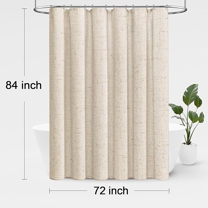 Cream Linen Shower Curtain for Bathroom, Neutral Boho Farmhouse Textured Fabric with Hooks, 72 x 72