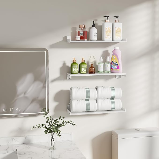 Floating Shelves for Wall, Shelves for Decor Storage Set of 6, Wall Mounted Wood Shelf for Bedroom, Living Room, Bathroom, Kitchen,Long Picture Ledge Shelves. (White)