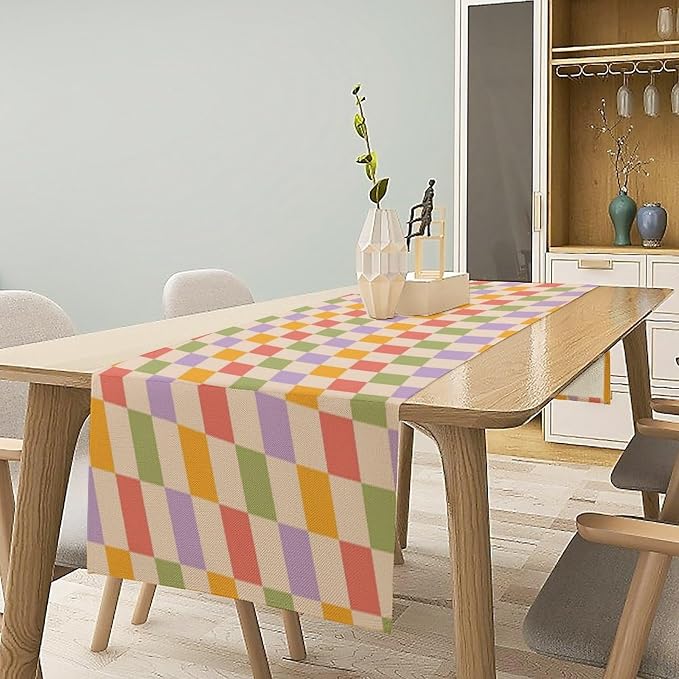 Retro Checkered Table Runner 60s 70s Vintage Twisted Colorful Groovy Trendy Wavy Hippie Grid Farmhouse Country Dinner Runner for Home Kitchen Dining Table Party Holiday Decor 13"x70"