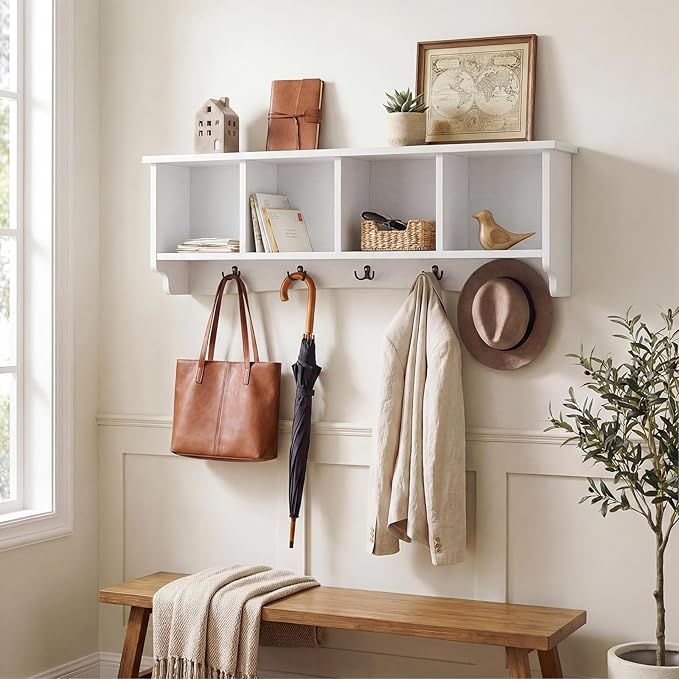 Giantex Wall Mounted Coat Rack, 28.5'' Wooden Floating Shelf with 4 Cubbies & 5 Double Hooks, Modern Space-Saving Storage Display Organizer for Entryway, Hallway, Mudroom (White)