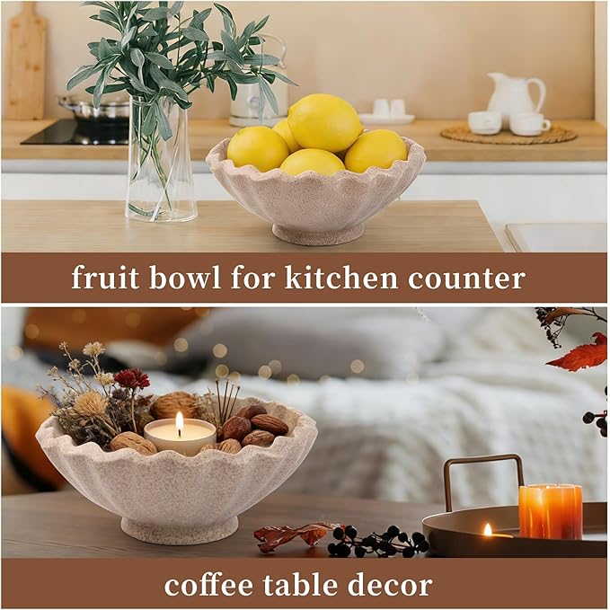 Decorative Bowl, Pedestal Key Bowl for Entryway Table, Resin Wavy Bowl for Dining Table Centerpiece Decor, Scalloped Catchall Bowl, Home Decor Display Bowl, Sandstone Finish
