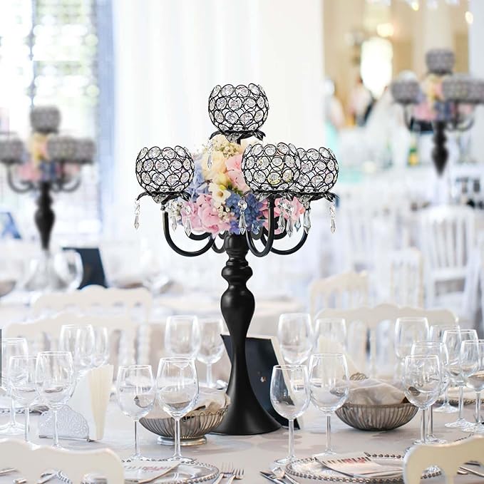 Set of 4 Crystal Tea Light Candle Holders - 22.5" Tall Metal & Crystal Centerpiece with Weighted Base for Birthday Valentine Dinner Table Decor- Matte Black