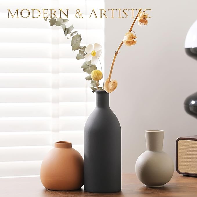 Joeabor Ceramic Vase Set of 3 - Handcrafted Ceramic Vases for Home Decor & Shelf - Modern Farmhouse Decor for Kitchen, Office, Bedroom & Living Room Decorative Objects for Mantel, Table Centerpieces