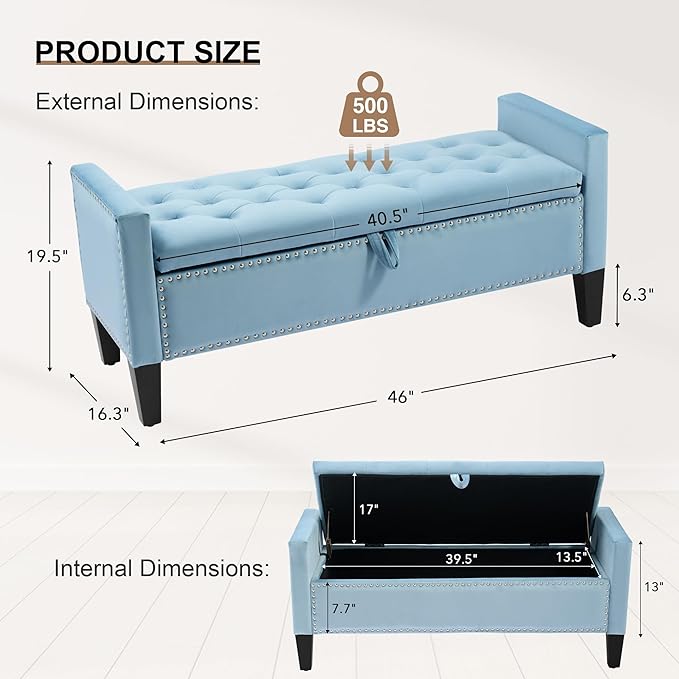 Velvet Storage Ottoman Bench, 46'' Upholstered Button Tufted End of Bed Bench, Modern Entryway Ottoman Bench with Arms, Light Blue