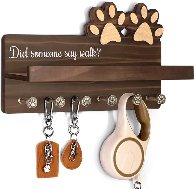 MTERSN Farmhouse Dog Leash Holder for Wall - Cute Key Holder Wall Mount with Floating Shelf & 6 Paw Hooks - Dog Lover Gifts for Wall Organize and Elevate Room Decor (Brown)