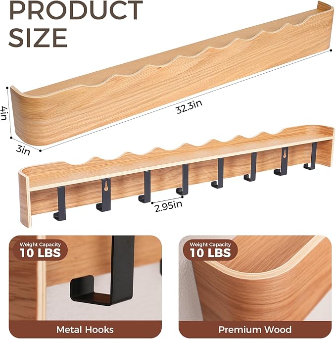 Coat Rack Wall Mount with Shelf Entryway Shelf Modern Key Holder Hanger Wall Shelves with Hidden Hooks for Hanging Towels Coats Hats Bags for Hallway Bathroom Bedroom (Wavy Oak, 8 Hooks)