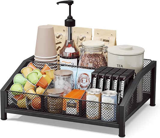 Homsorout Coffee Station Organizer - Coffee Bar Organizer with Removable Dividers for Pods Condiment Syrup Tea Stirrers, K Cup Holder for Kitchen, Office, Home, Countertop, Black