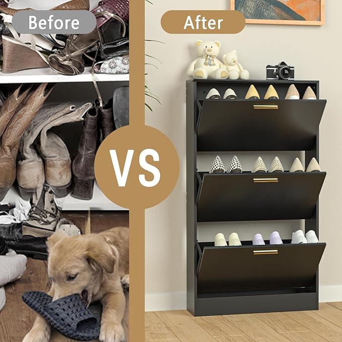 Shoe Cabinet Storage for Entryway, White Shoe Organizer with 2 Flip Drawers & Open Shelf, Freestanding Hidden Large Shoe Storage Cabinet (2pc-Black, 3 Flip Drawers)